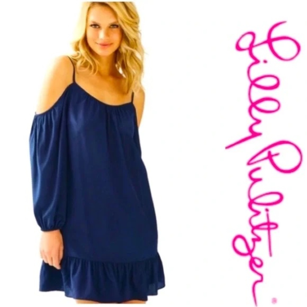 Lilly Pulitzer Dark Blue Cold-Shoulder  Candace Silk Dress NWOT